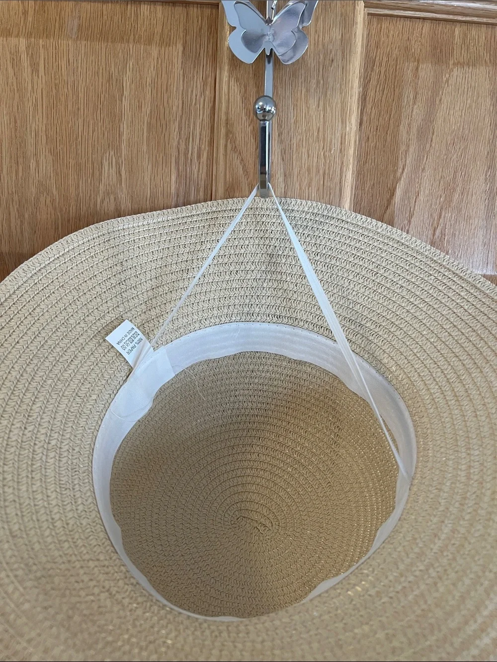 Girl’s Cream Straw Sun Hat with Black Bow Accent